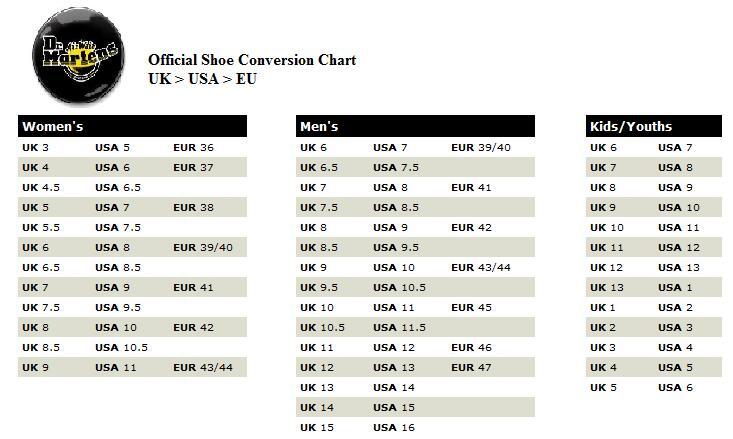 Doc Martens Size Chart Dr Martens Boots Shoes Sale
