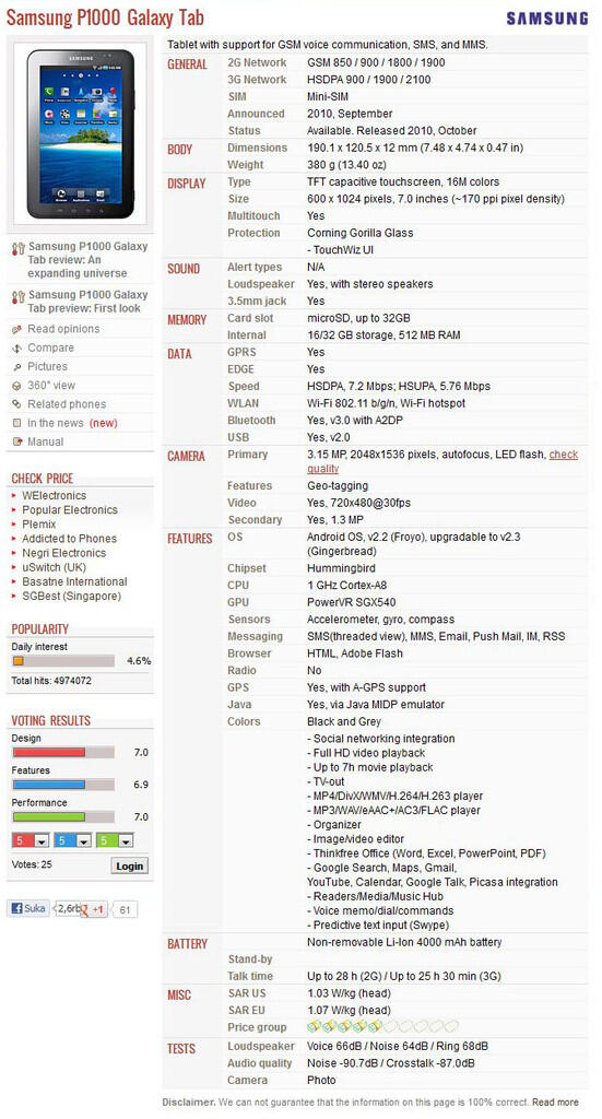 SAMSUNG Galaxy Tab P1000 7.0 inch