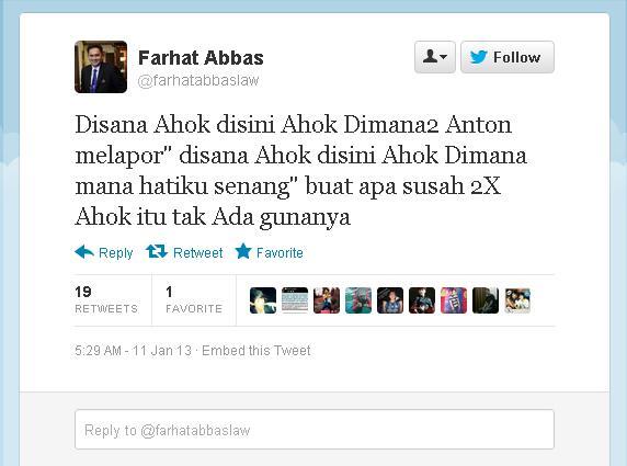 Ahok Tanggapi Dingin Kicauan SARA Farhat Abbas di Twitter