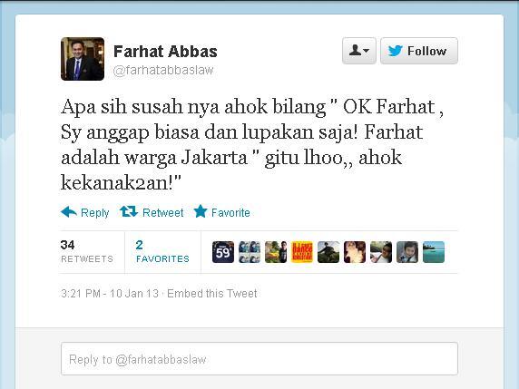 Ahok Tanggapi Dingin Kicauan SARA Farhat Abbas di Twitter