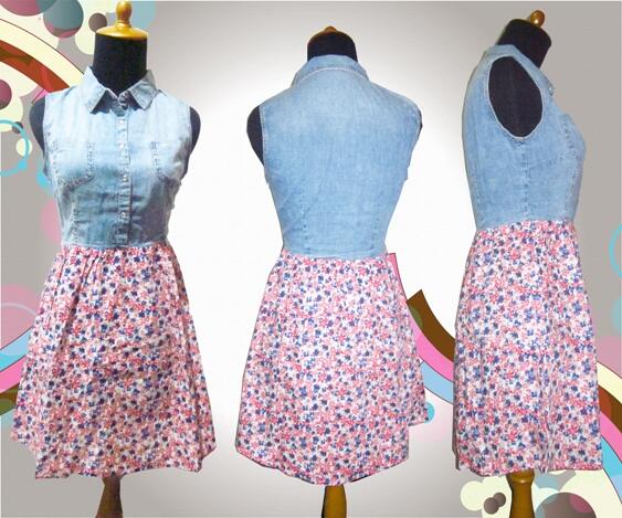 Dress Atasan Jeans - Bunga Bunga