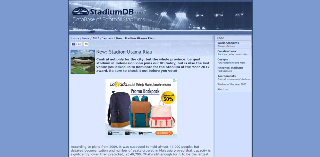 Stadium Utama Riau Masuk Nominasi Terbaik Dunia