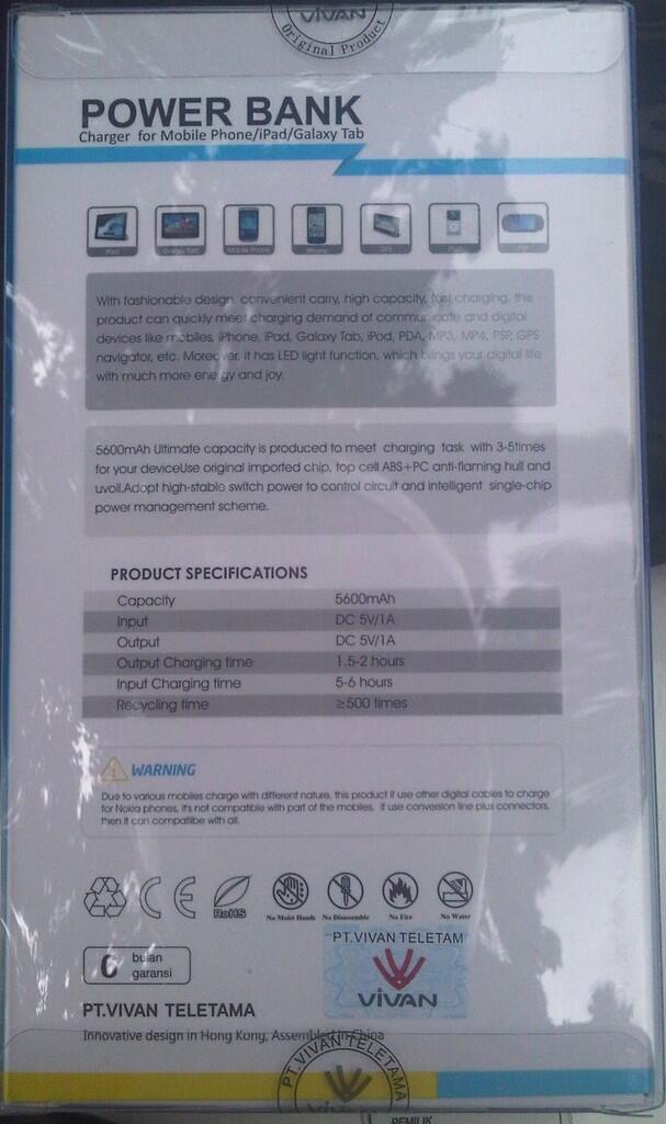 Power Bank Vivan X05 5600 Mah Y05 F99 Ferrari Original Termurah