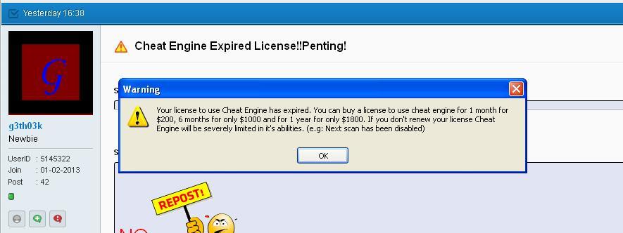 Cheat Engine Expired License!!Penting!