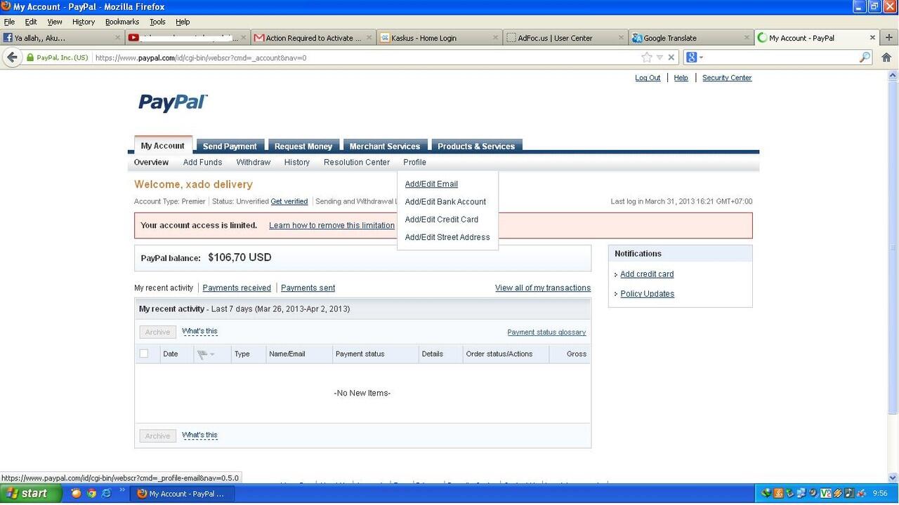 Ask,Cara Cairkan Paypal Yang kena Limit balance $106 paypal indo