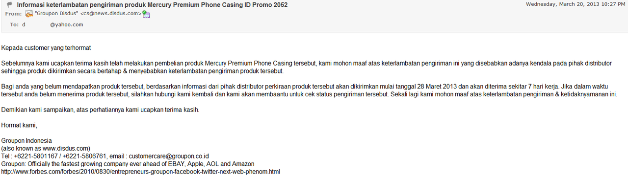 Pesenan dari Groupon Disdus tak kunjung datang