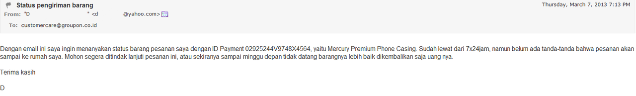 Pesenan dari Groupon Disdus tak kunjung datang
