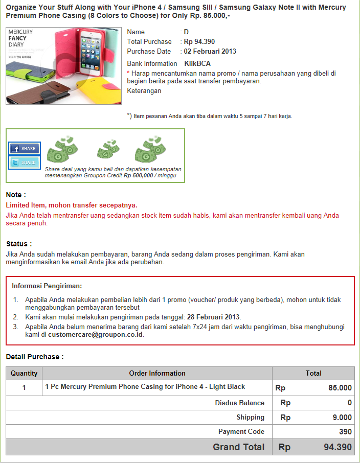 Pesenan dari Groupon Disdus tak kunjung datang