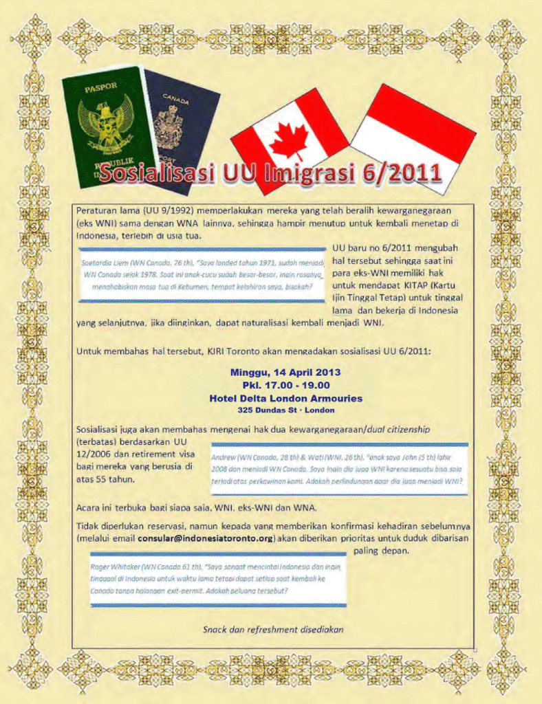 Sosialisasi UU 6/2011 ttg eks-WNI &amp; Dual Citizenship di London-ON, Minggu 14 Apr 2013