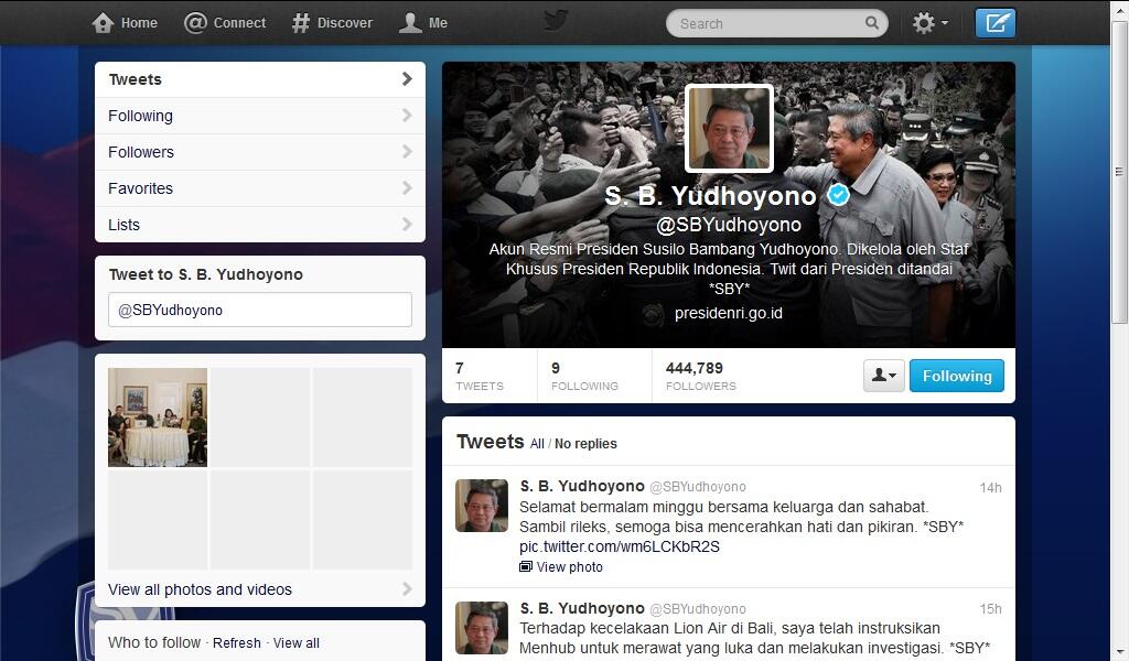 Presiden RI SBY resmi luncurkan akun Twitter resminya, @SBYudhoyono