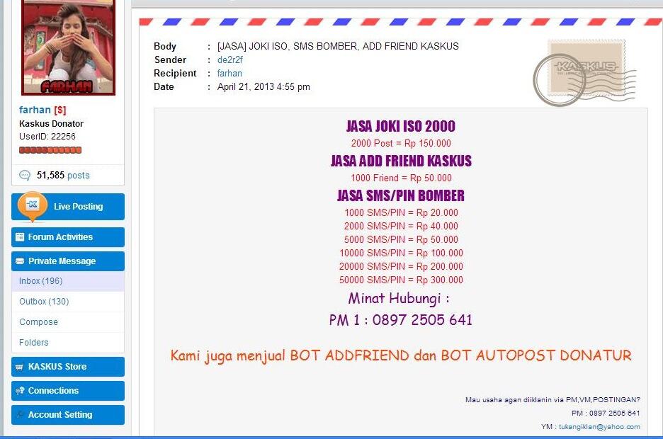 &#91;JASA&#93; JOKI ISO, SMS BOMBER, ADD FRIEND KASKUS