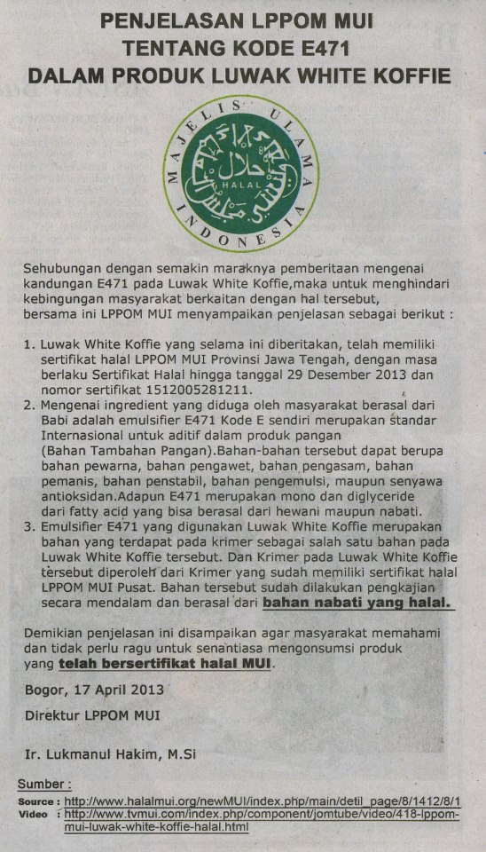 Jawaban Pasti Atas Keraguan Halal atau Tidaknya Luwak White Koffie