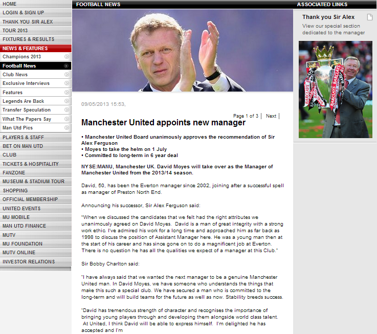 David Moyes Gantikan Posisi Alex Ferguson