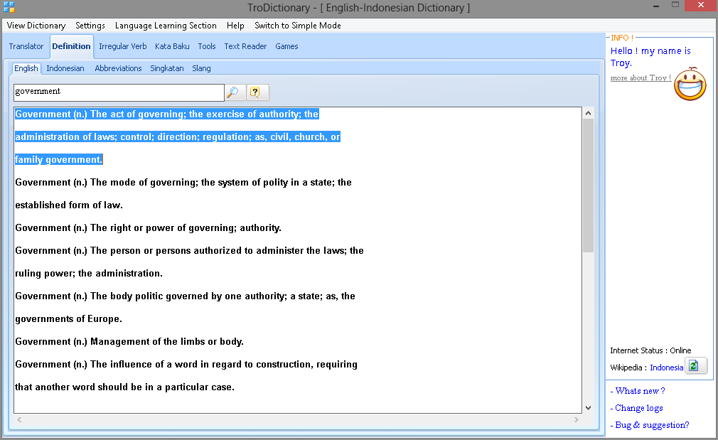 TroDictionary - Kamus Lengkap (Text2Speech, Irregular Verb, Idiom, Definition, dll)