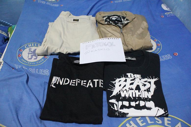 WTS xlarge chino, undefeated(undftd) tees, bounty hunter tees, jacket bape
