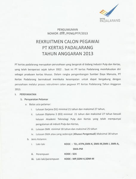 Info Lowongan Kerja PT. Kertas Padalarang (Bandung Barat) close: 29 juni 2013