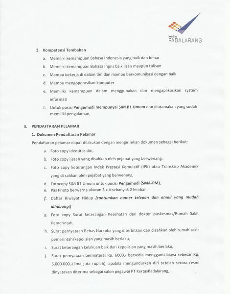 Info Lowongan Kerja PT. Kertas Padalarang (Bandung Barat) close: 29 juni 2013