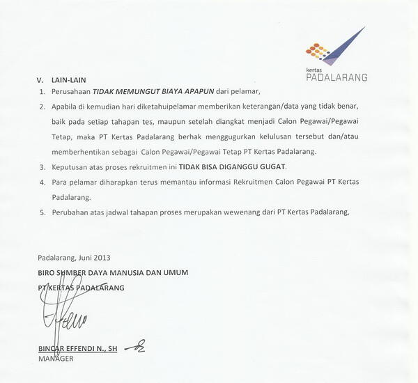 Info Lowongan Kerja PT. Kertas Padalarang (Bandung Barat) close: 29 juni 2013