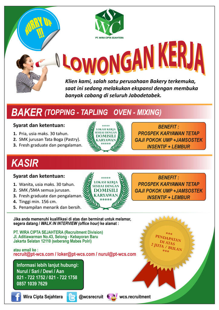 Lowongan Kerja Baker & Chasier (100 orang)
