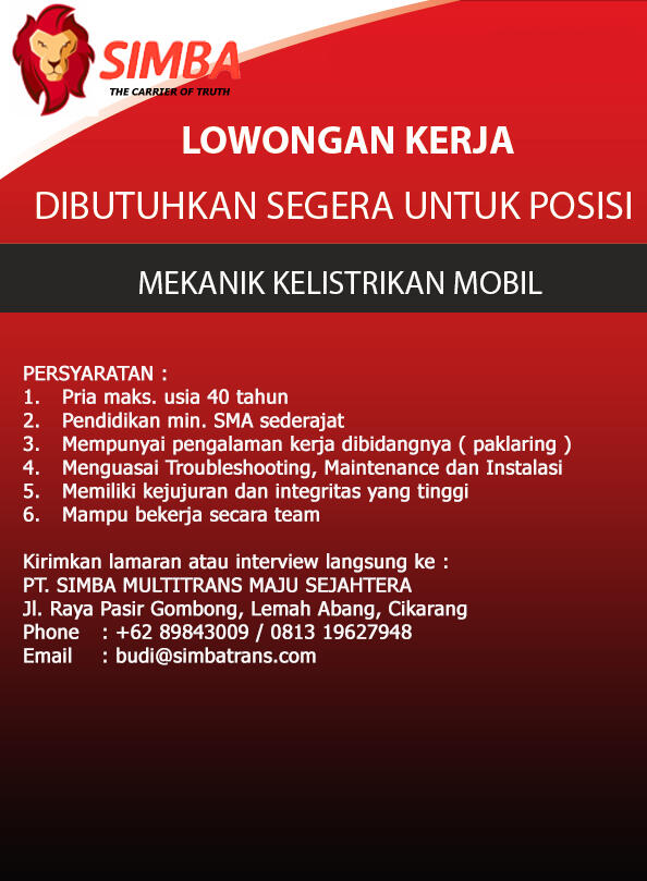 Lowongan Kerja Mekanik Kelistrikan Pool Mobil