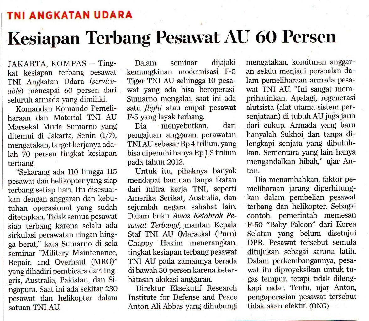 Kesiapan Terbang Pesawat TNI AU 60 Persen