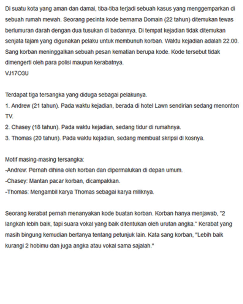 Soal Detektif, siapa yang bisa jawab gan? :D