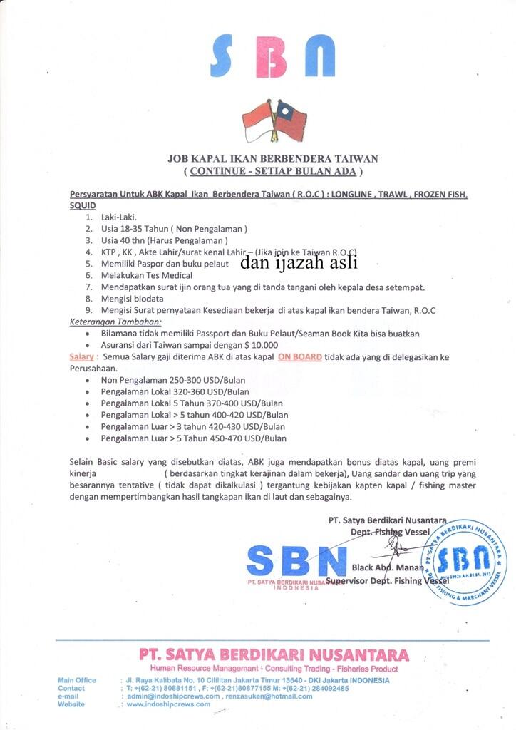 Lowongan Kerja Pelaut secepatnya!!! PT.Satya Berdikari Nusantara