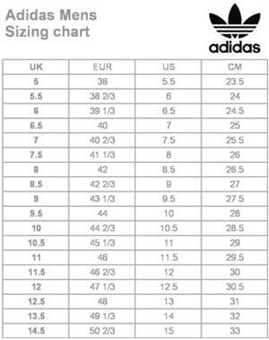 adidas sneakers size chart