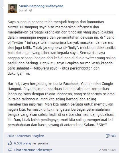 Baru Kemarin Bikin Fans Page Susilo Bambang Yudhoyono , Sudah 202rb lebih yang Like
