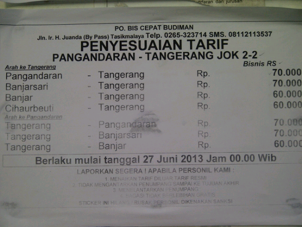 Tarif Baru PO.budiman, Pangandaran