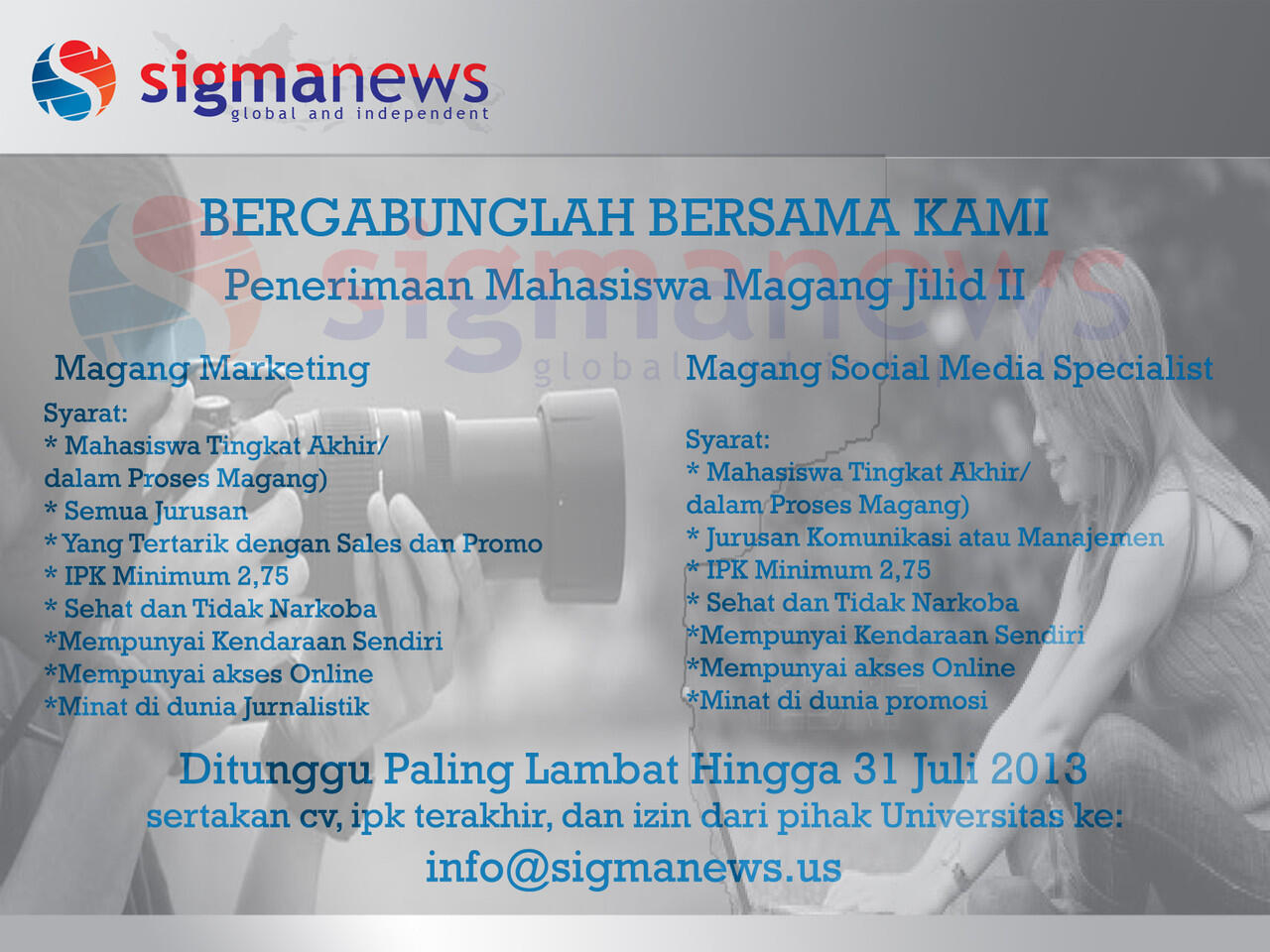Lowongan Magang Untuk Marketing dan Sosial Media Spesialist