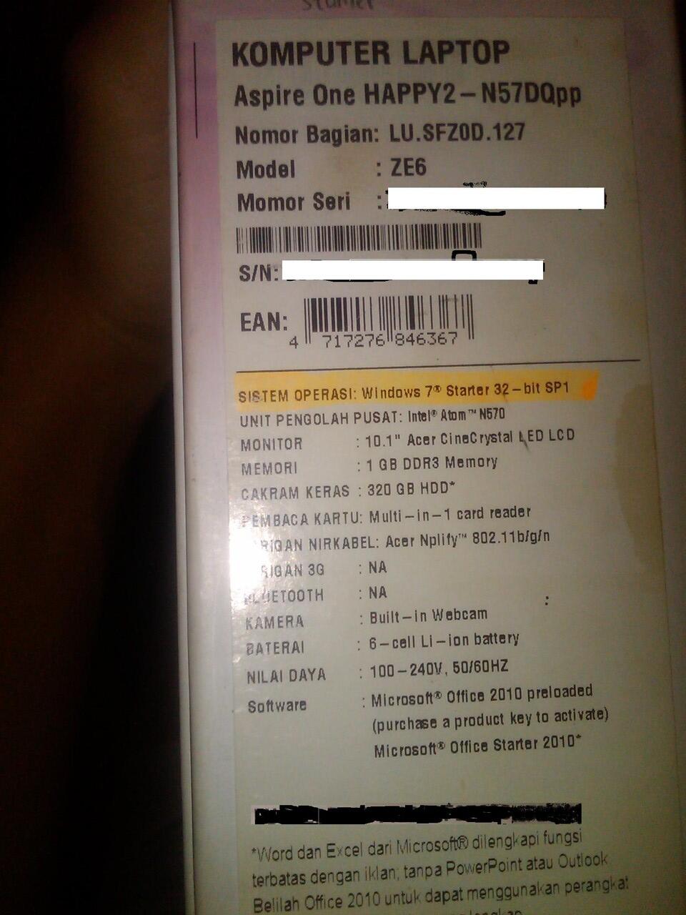 Acer Aspire One Happy2 Jarang Pakai Murah + Bonus