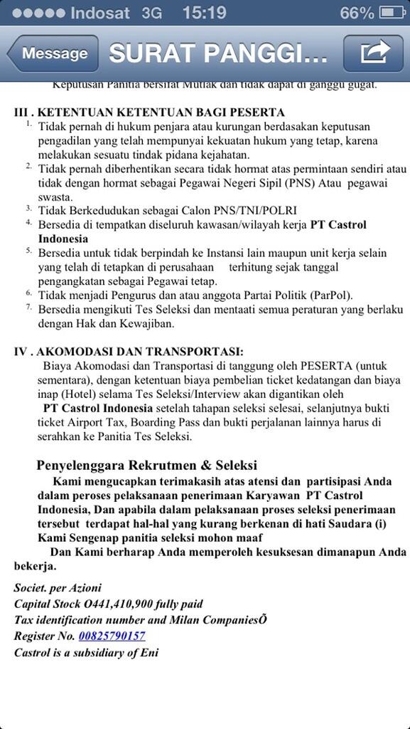 HATI HATI PENIPUAN DARI PT CASTROL INDONESIA
