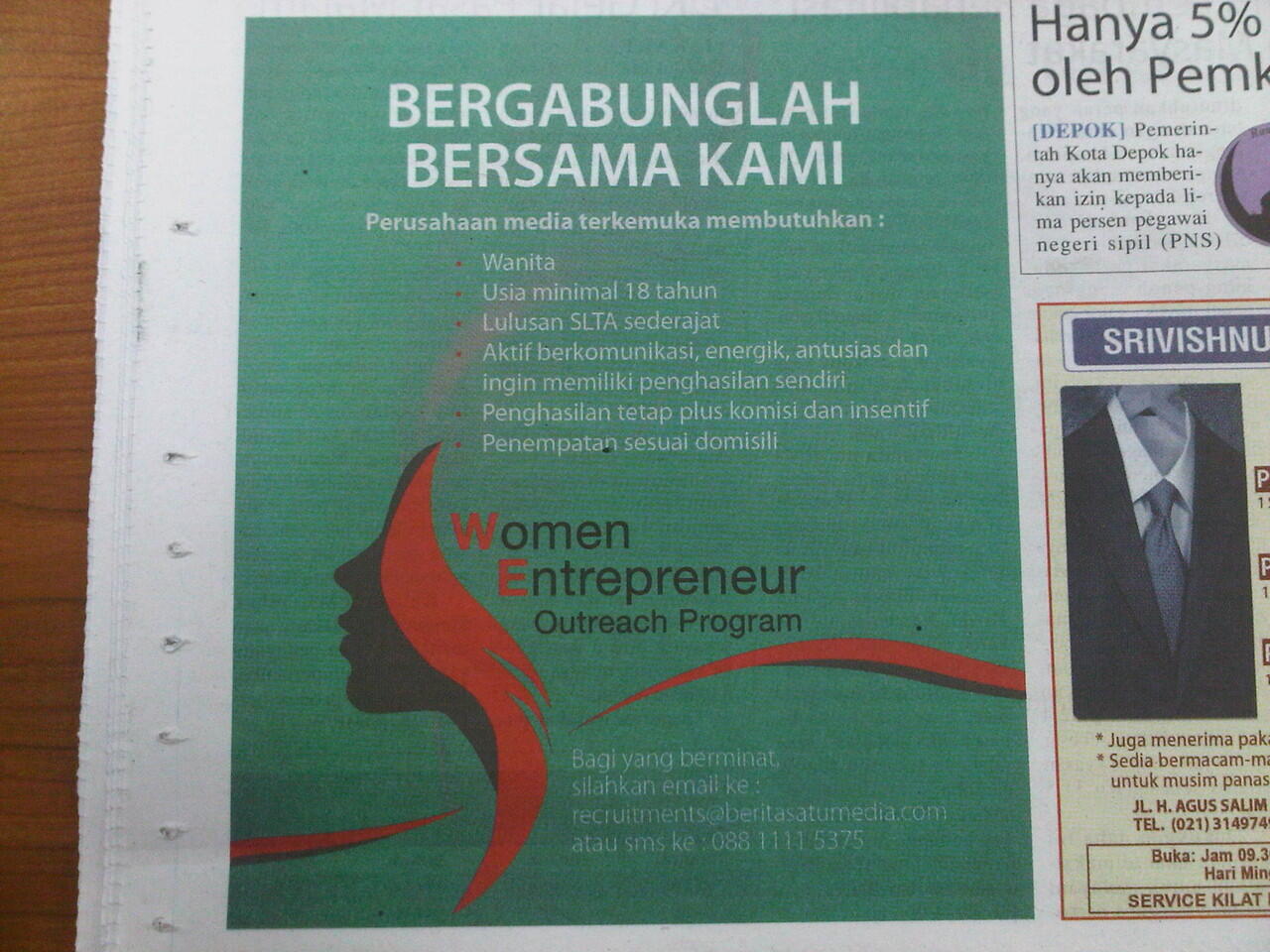 Dibutuhkan Sales Wanita single / Ibu Rumah Tangga