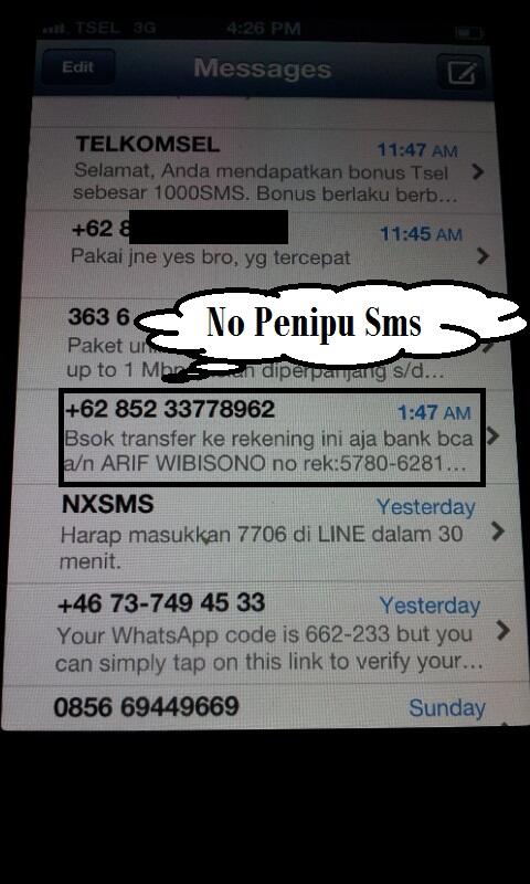 PENIPUAN SMS, Hati Hati dgn REKENING BCA 5780-6281-13 an : ARIF WIBISONO, Kena Deeh..