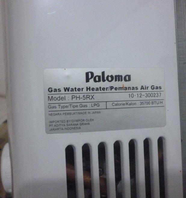 Terjual Water Heather Gas Paloma PH-5RX, Made In Japan 