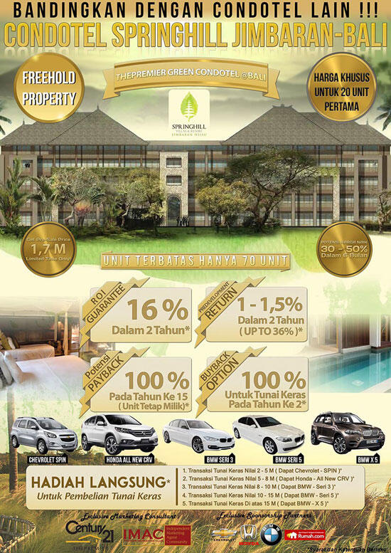 Investasi Properti Terbaik di Bali, Condotel SpringHill. ROI Guarantee, Payback 100%