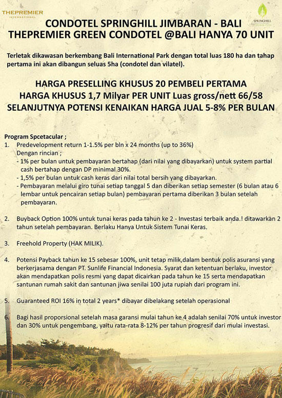 Investasi Properti Terbaik di Bali, Condotel SpringHill. ROI Guarantee, Payback 100%