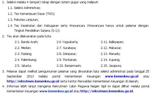 &#91;6 sebtember&#93; Rekruitment CPNS di lingkunagn Kementrian Keuangan Tahun Anggaran 2013
