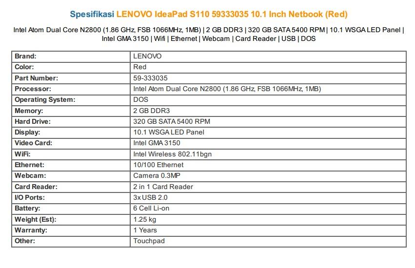 Jual Netbook LENOVO IdeaPad S110 59333035 10.1 Inch baru seminggu pakai Like New