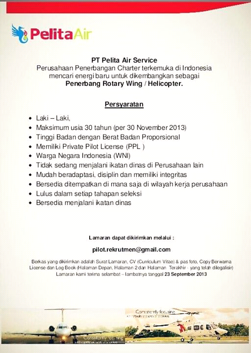 Lowongan Pilot Helicopter - Pelita Air Service