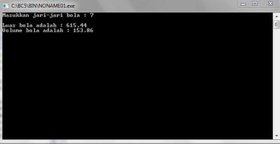 Program C++ untuk mencari luas dan volume bola dengan konstanta phi=3.14 