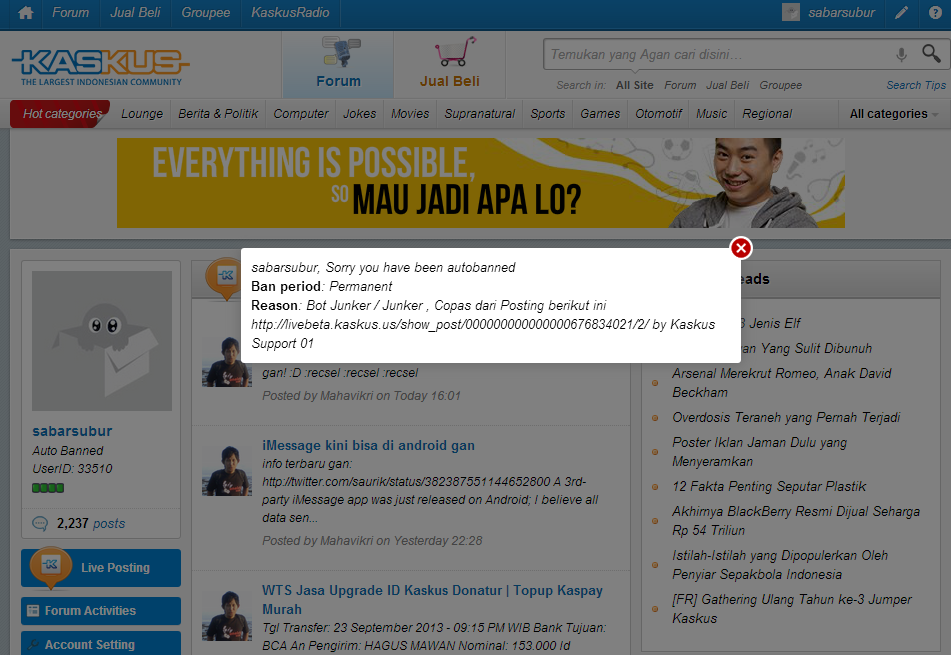 mohon untuk momod segera di cek ,apa kesalahan id saya terdetect menggunakan bot ?