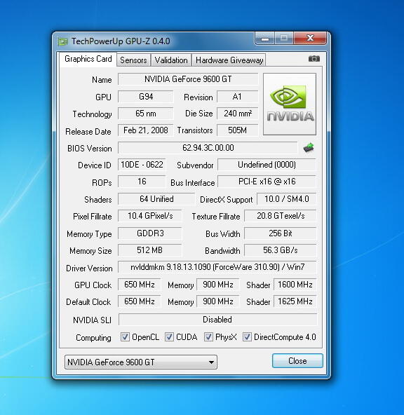 NVIDIA GF9600GT 256 BIT PCI-EX + PSU 500 WATT PURE MASUK GAN