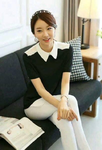 Tanktop Blouse Kemeja Lengan Panjang Pink Hitam Putih Wanita Korea Import