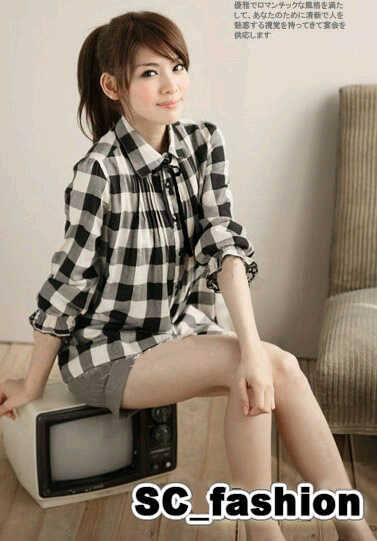 Tanktop Blouse Kemeja Lengan Panjang Pink Hitam Putih Wanita Korea Import