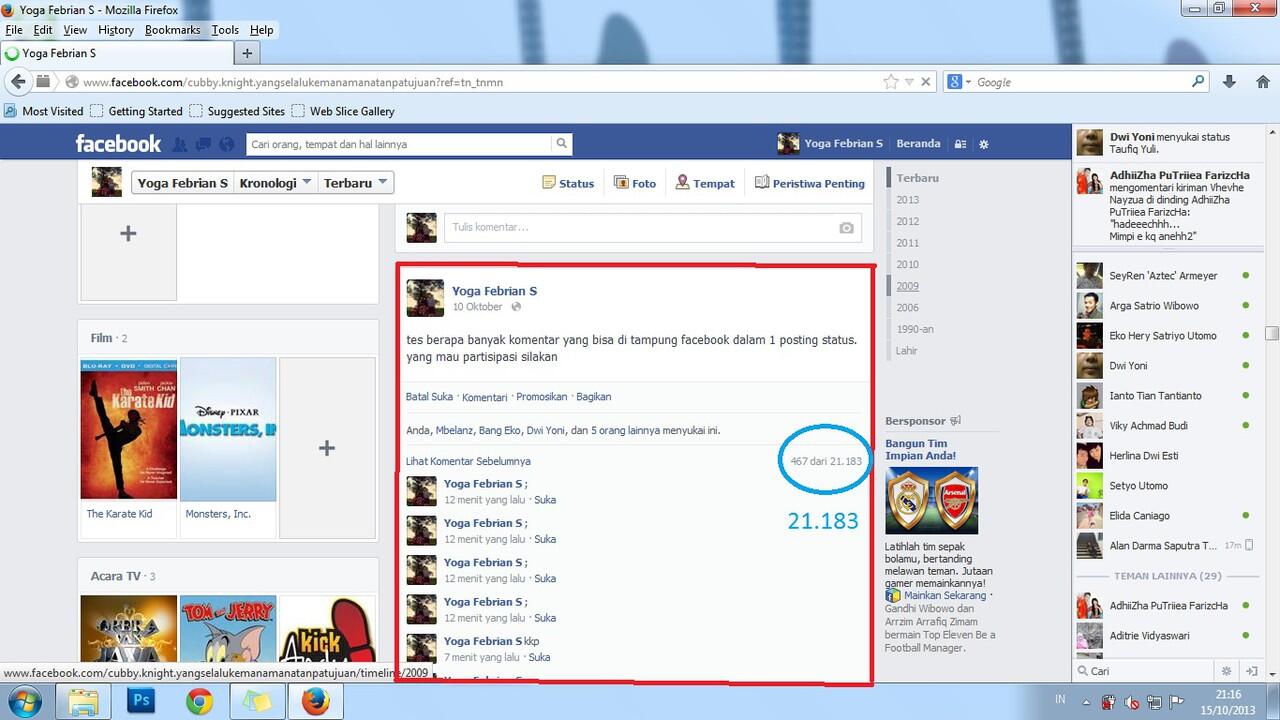 tes berapa banyak komentar yang bisa di tampung facebook dalam 1 posting status