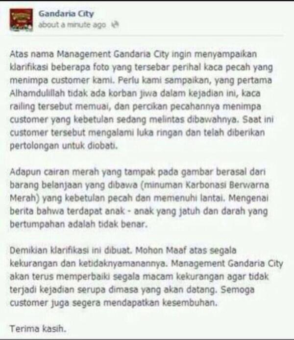 Terupdate,klarifikasi kecelakaan di mall Gand*ria city