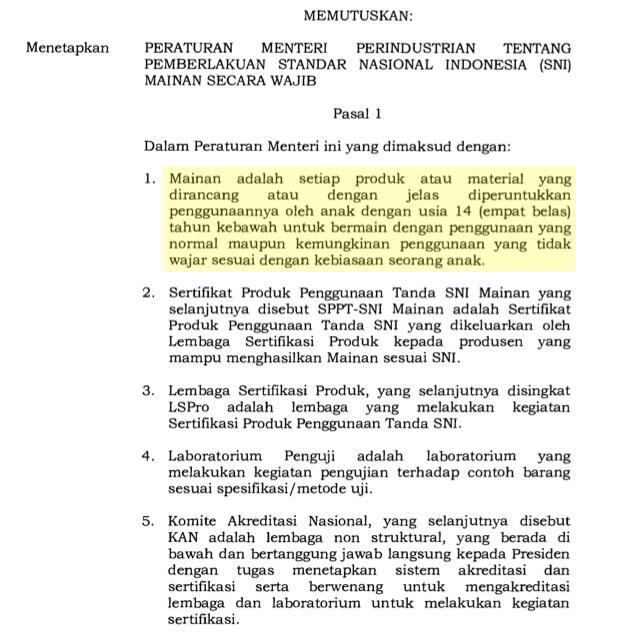 Sekarang beli Mainan di luar negri harus ada izin SNI dari Kementerian Perindustrian 