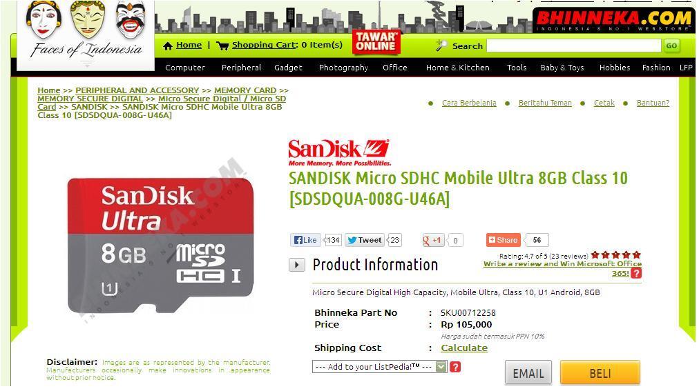 Sandisk Micro SDHC Mobile Ultra 8GB Class 10 plus adapternya 80ribu aja